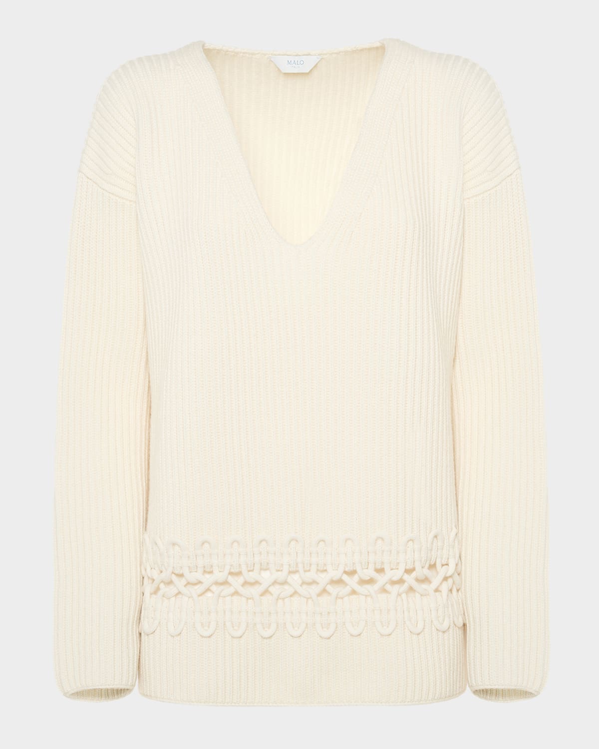 Malo Alma Embroidered Cashmere Rib V-neck Sweater In White