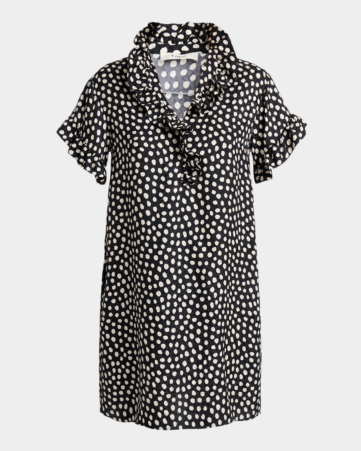 Chloe Dots Silk Jacquard Ruffle Short-Sleeve Mini Dress