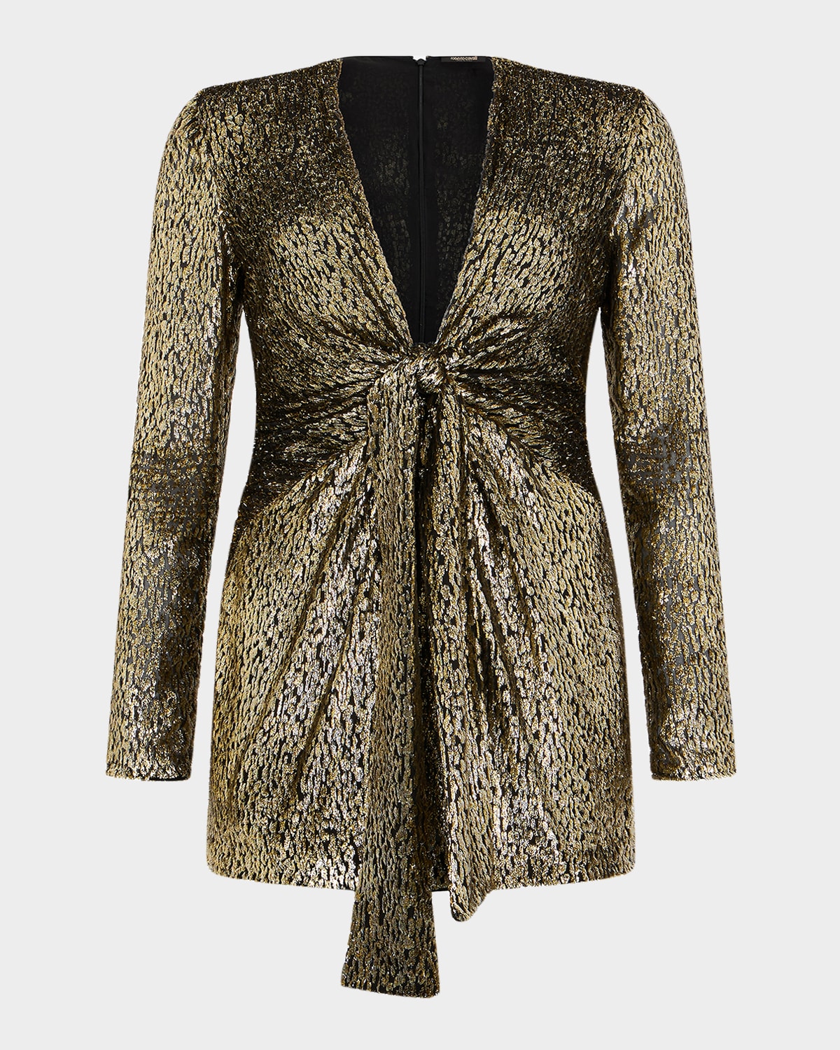Roberto Cavalli Knotted Metallic Velvet Jacquard Long-sleeve Mini Dress In Multi