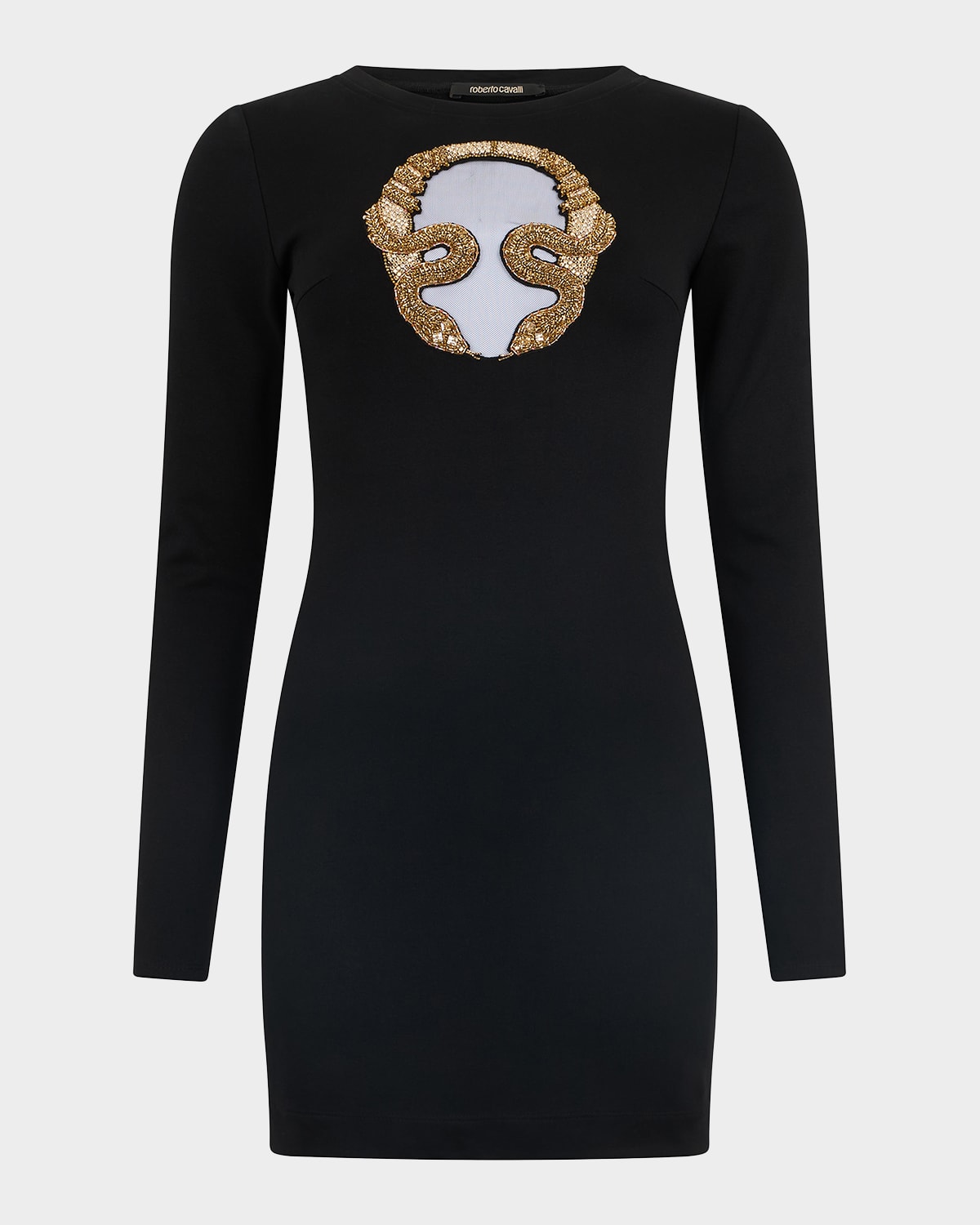 Roberto Cavalli Beaded Cutout Matte Jersey Long-sleeve Mini Dress In Black