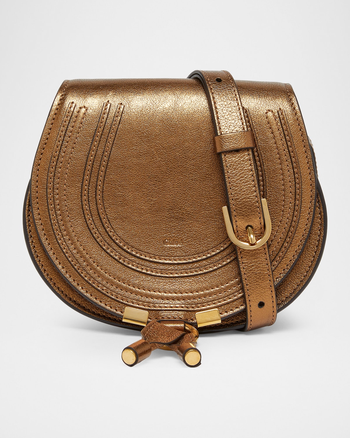Chloé Marcie Small Saddle Crossbody Bag In Metallic Leather In Brown