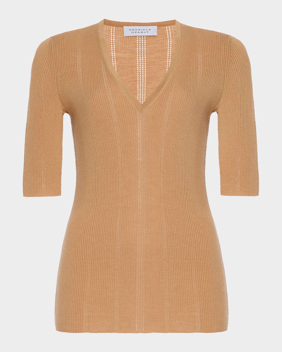 Gabriela Hearst Amari V-neck Pointelle Rib Short-sleeve Top In Brown