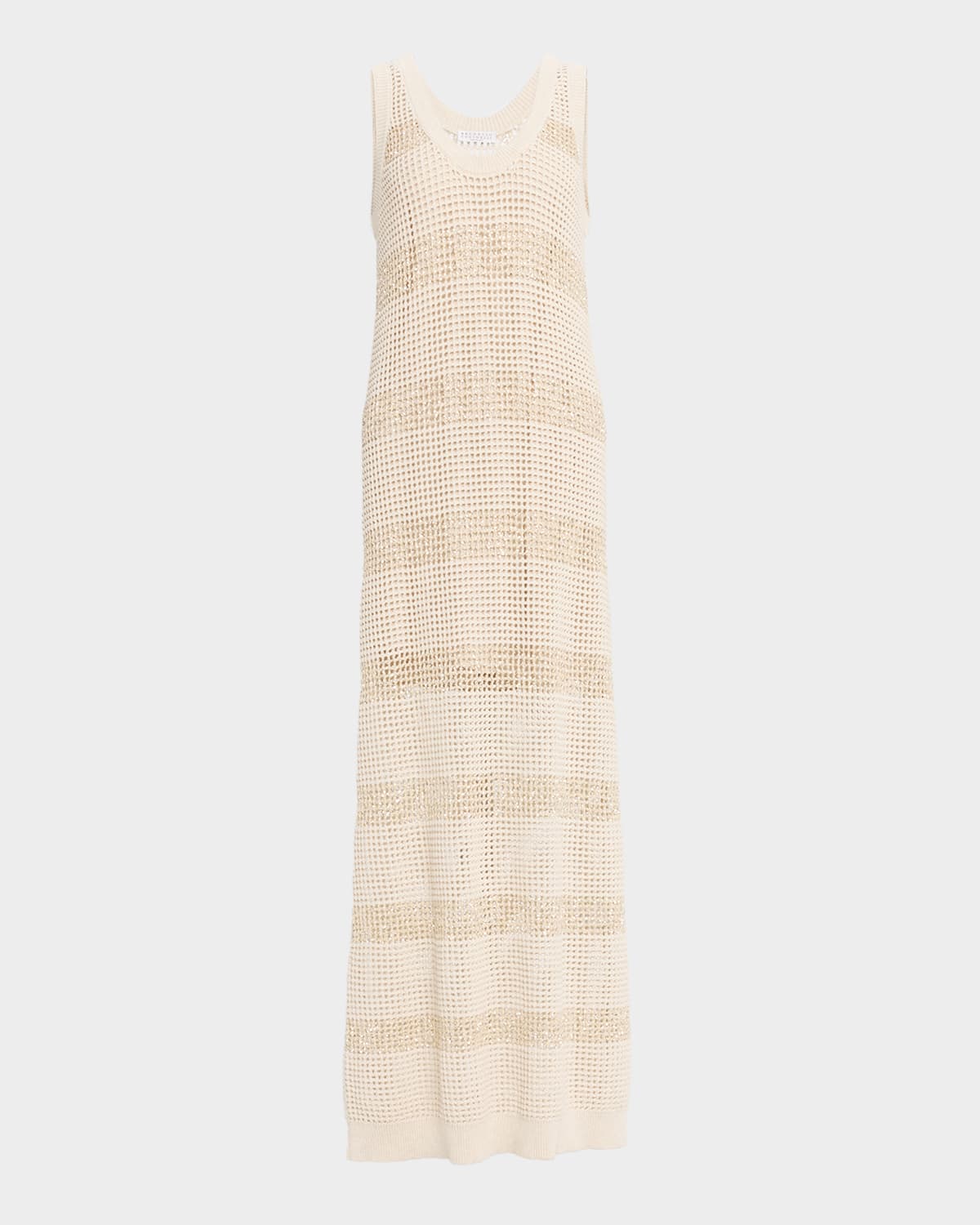 Brunello Cucinelli Striped Pailette Open-knit Sleeveless Maxi Dress In Neutral