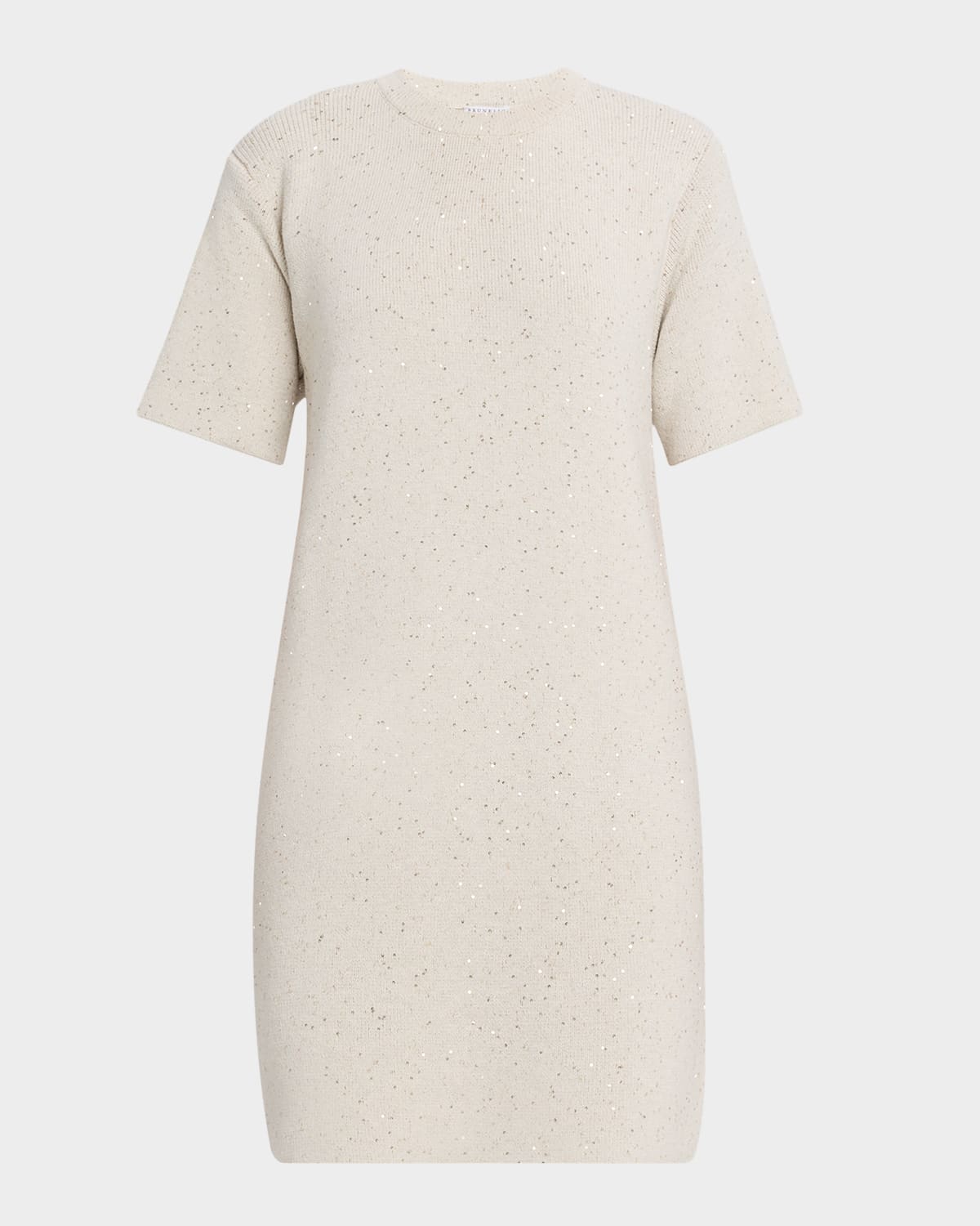 Brunello Cucinelli Pailette Knit Short-sleeve Mini Shift Dress In White