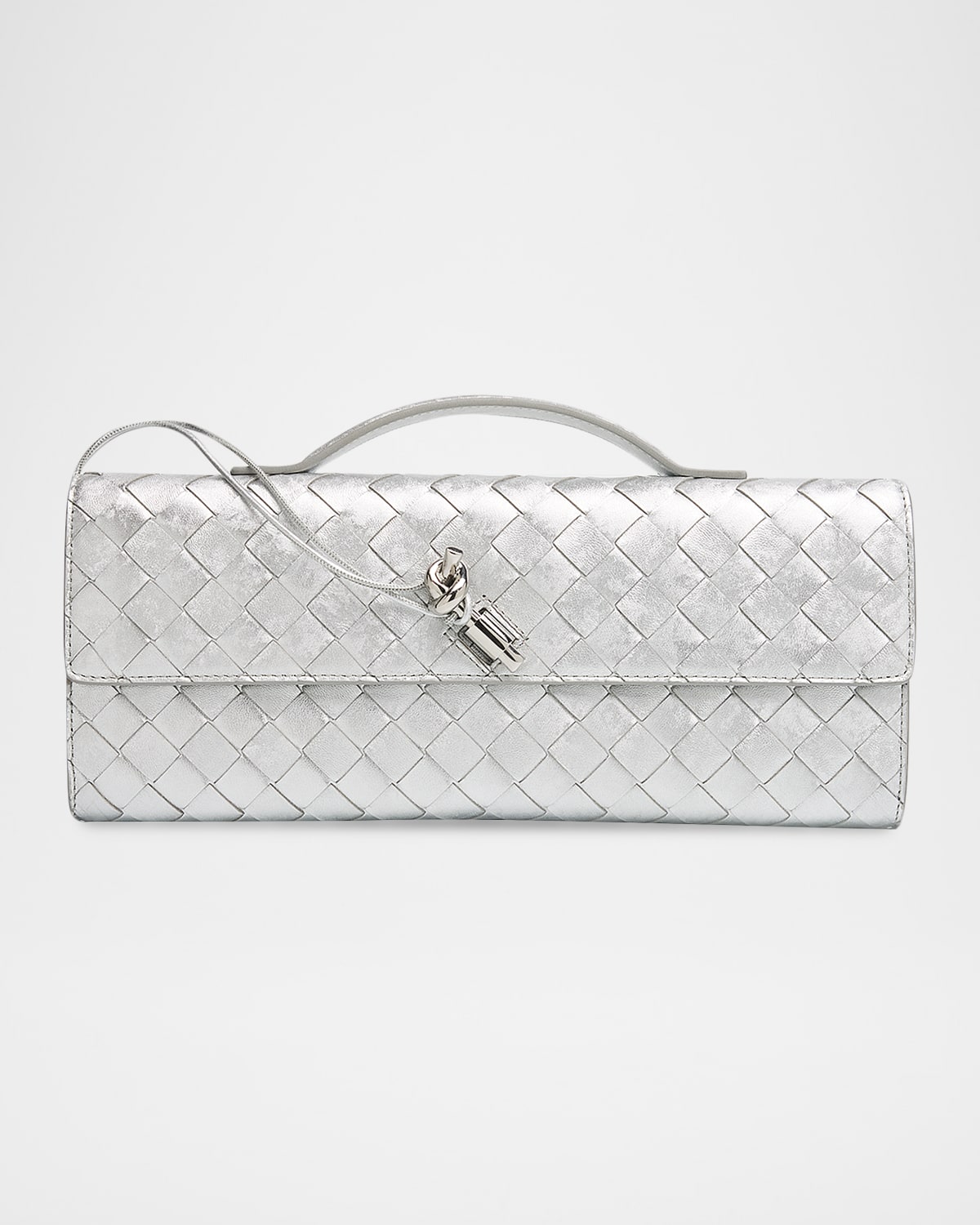 Bottega Veneta Andiamo Laminated Leather Clutch Bag In Silver