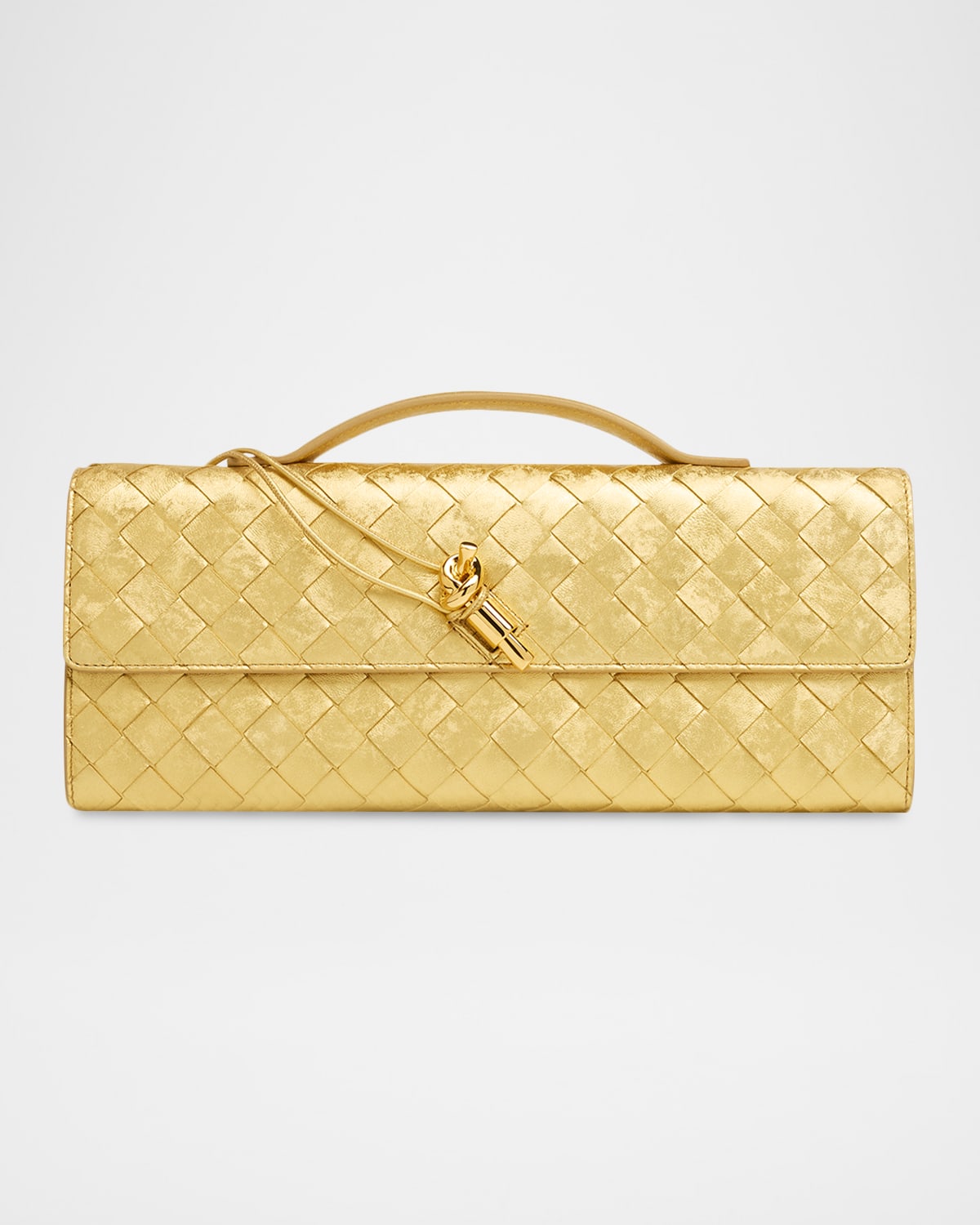 Bottega Veneta Andiamo Laminated Leather Clutch Bag In Gold