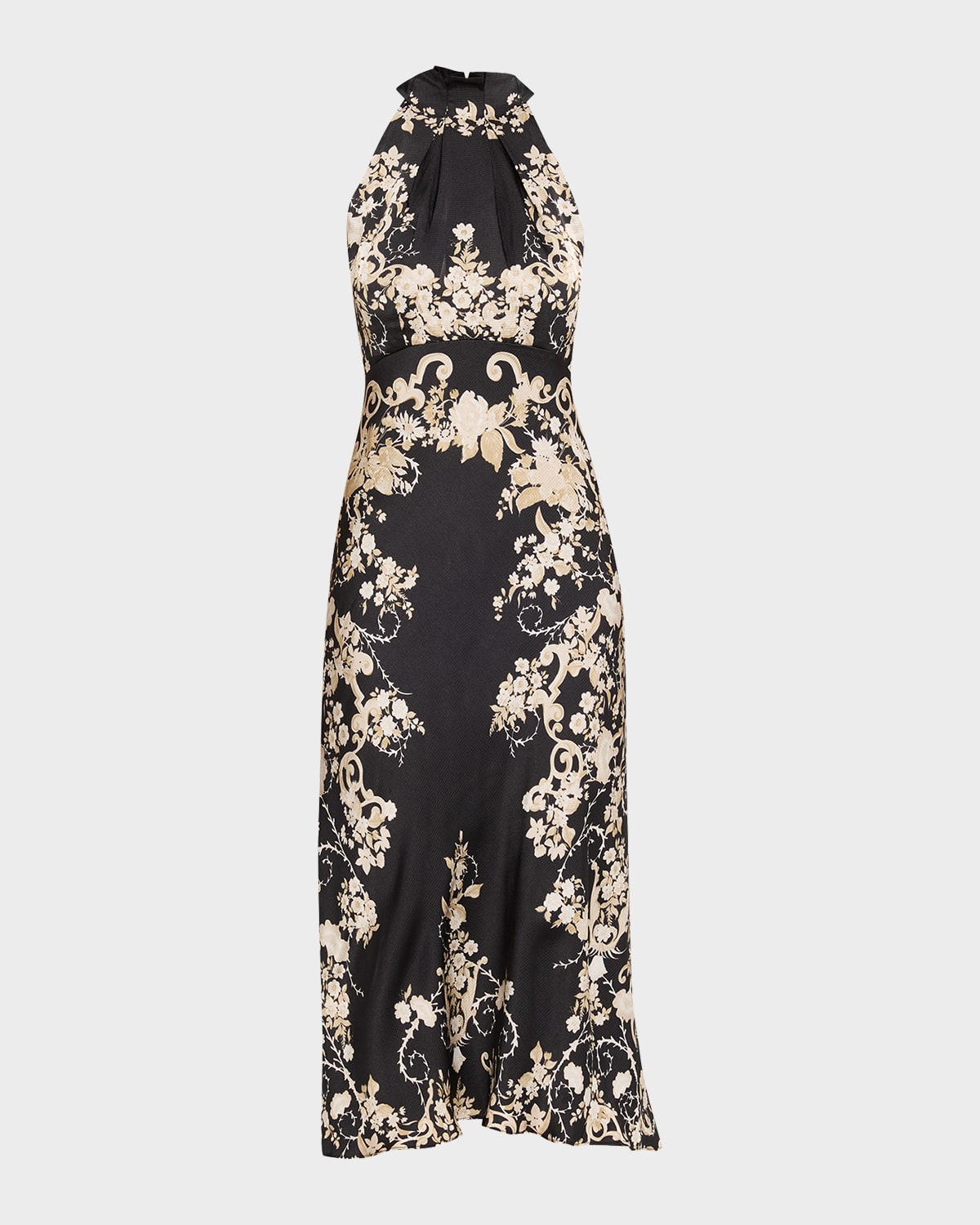 Saloni Michelle Floral Satin Draped Halter Midi Dress In Black