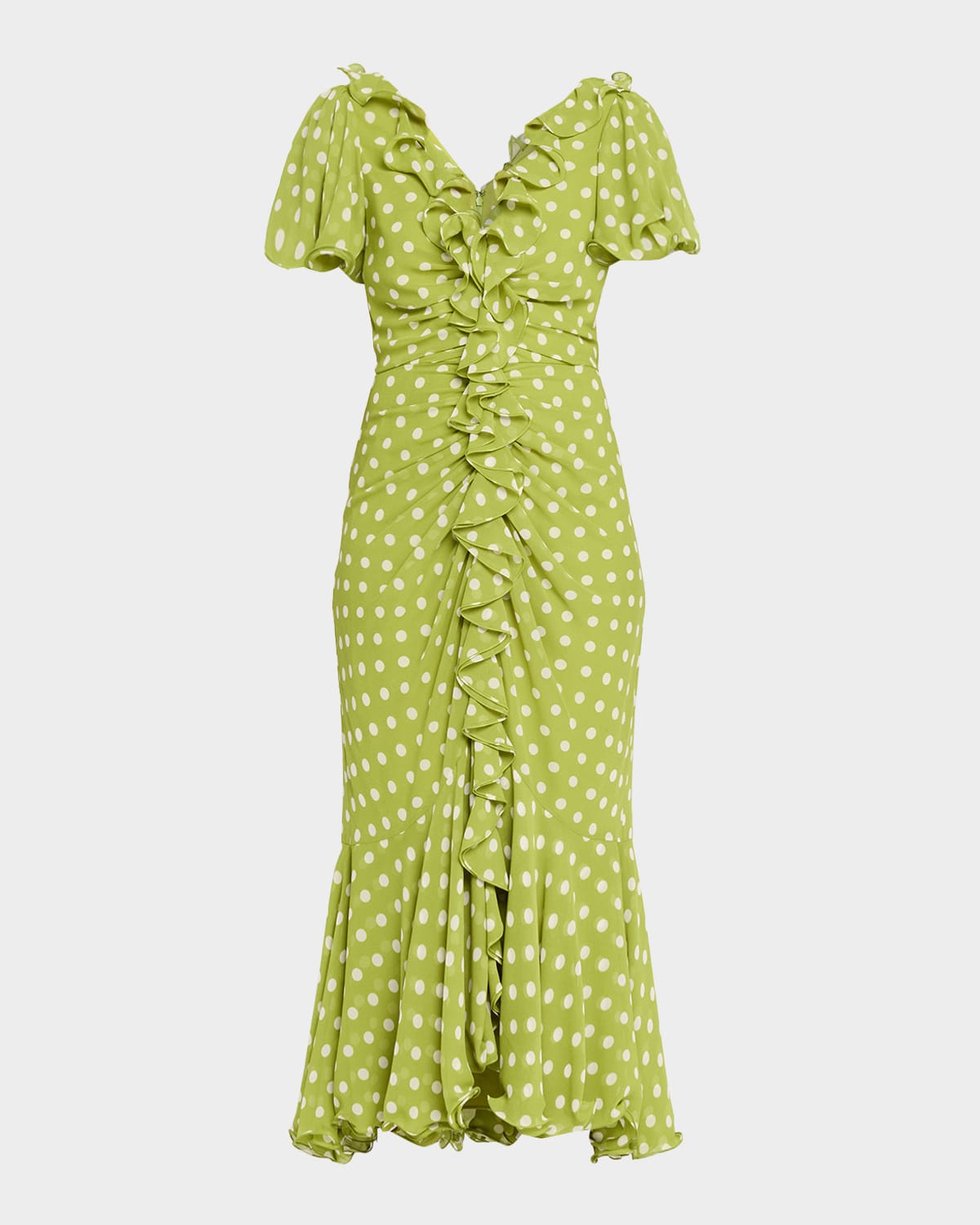 Cinq À Sept Camille Polka Dot Ruffled Midi Dress In Green