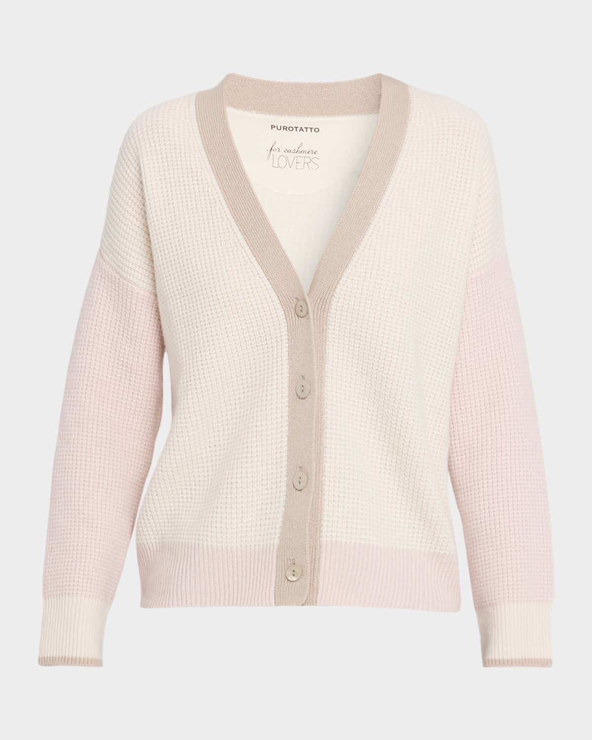 Purotatto Waffle-knit Colorblock Cashmere Cardigan In Neutral