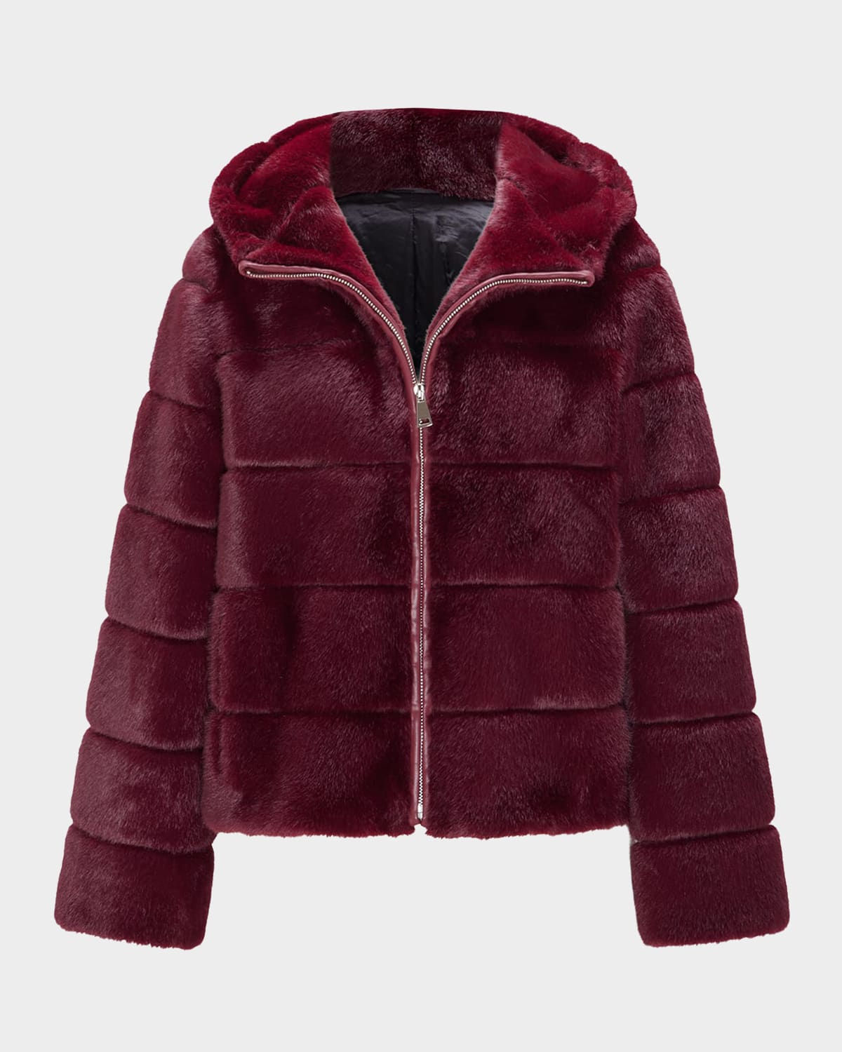 Lyla Grant Fur-free Hooded Faux Mink Zip Jacket In Burgundy