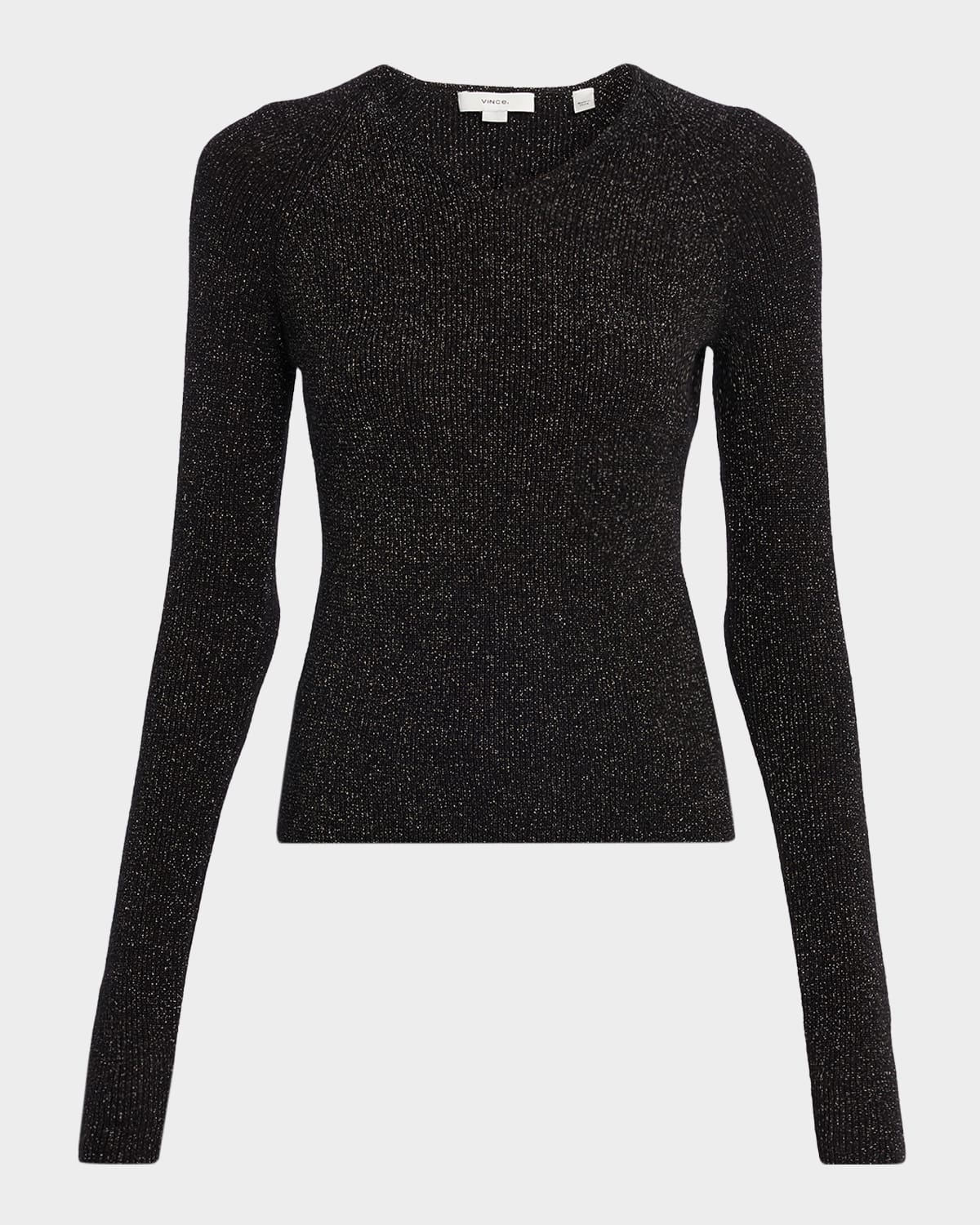 Vince Metallic Ribbed V-neck Sweater In Black