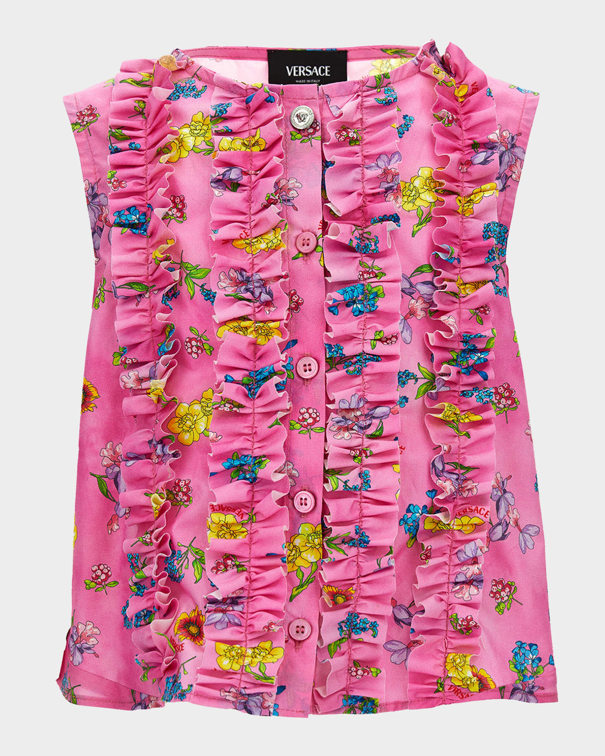 Versace Girl 's Ruffled Sleeveless Floral Cotton Shirt, Size 6-14
