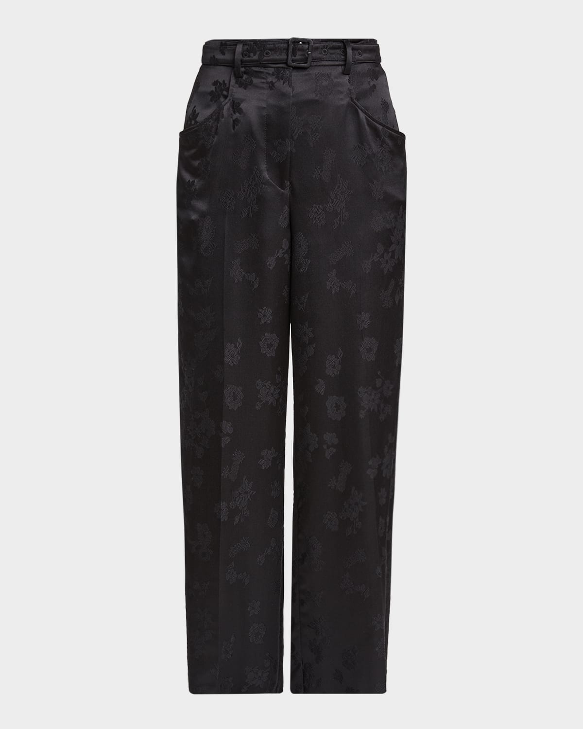 Gabriela Hearst Norman Floral Satin Jacquard Wide-leg Pants With Belt In Black