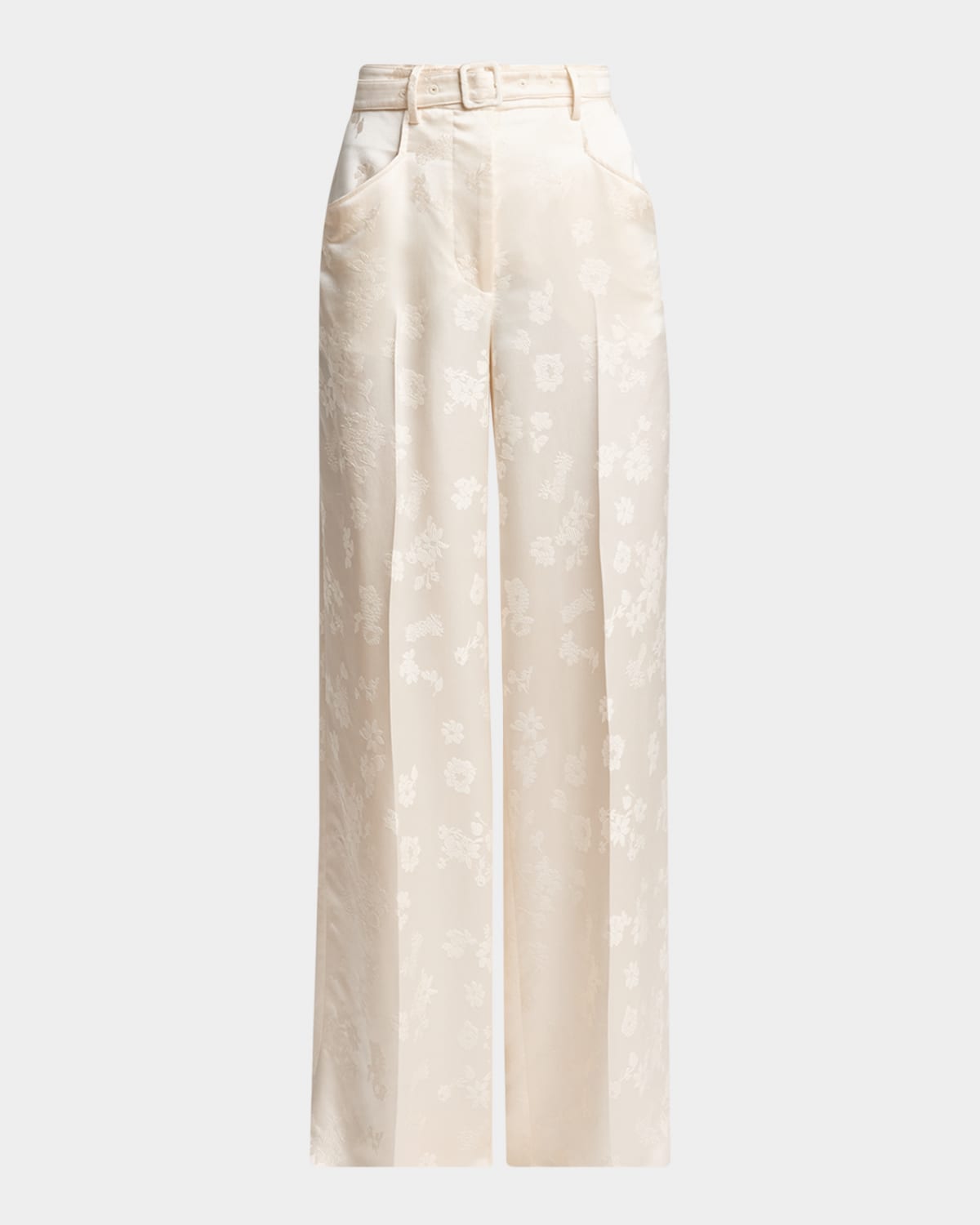 Gabriela Hearst Norman Floral Satin Jacquard Wide-leg Pants With Belt In Neutral