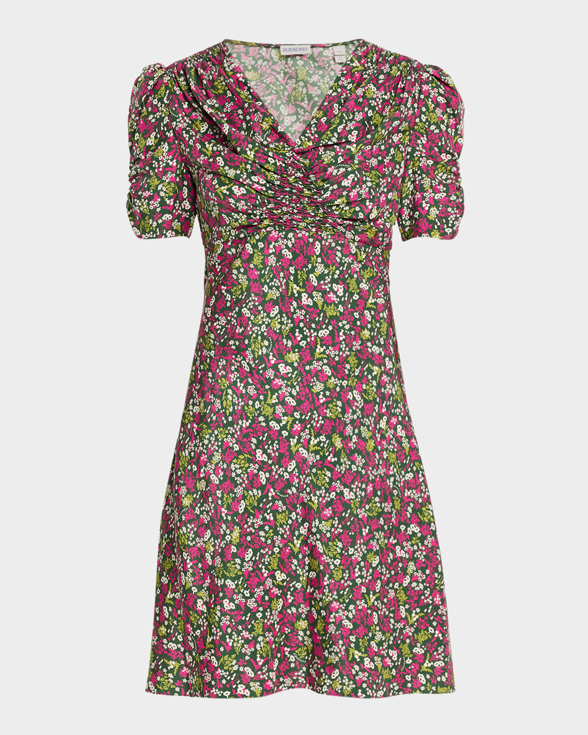 Burberry Jade Floral-print Silk Ruched Short-sleeve Mini Dress In Pink