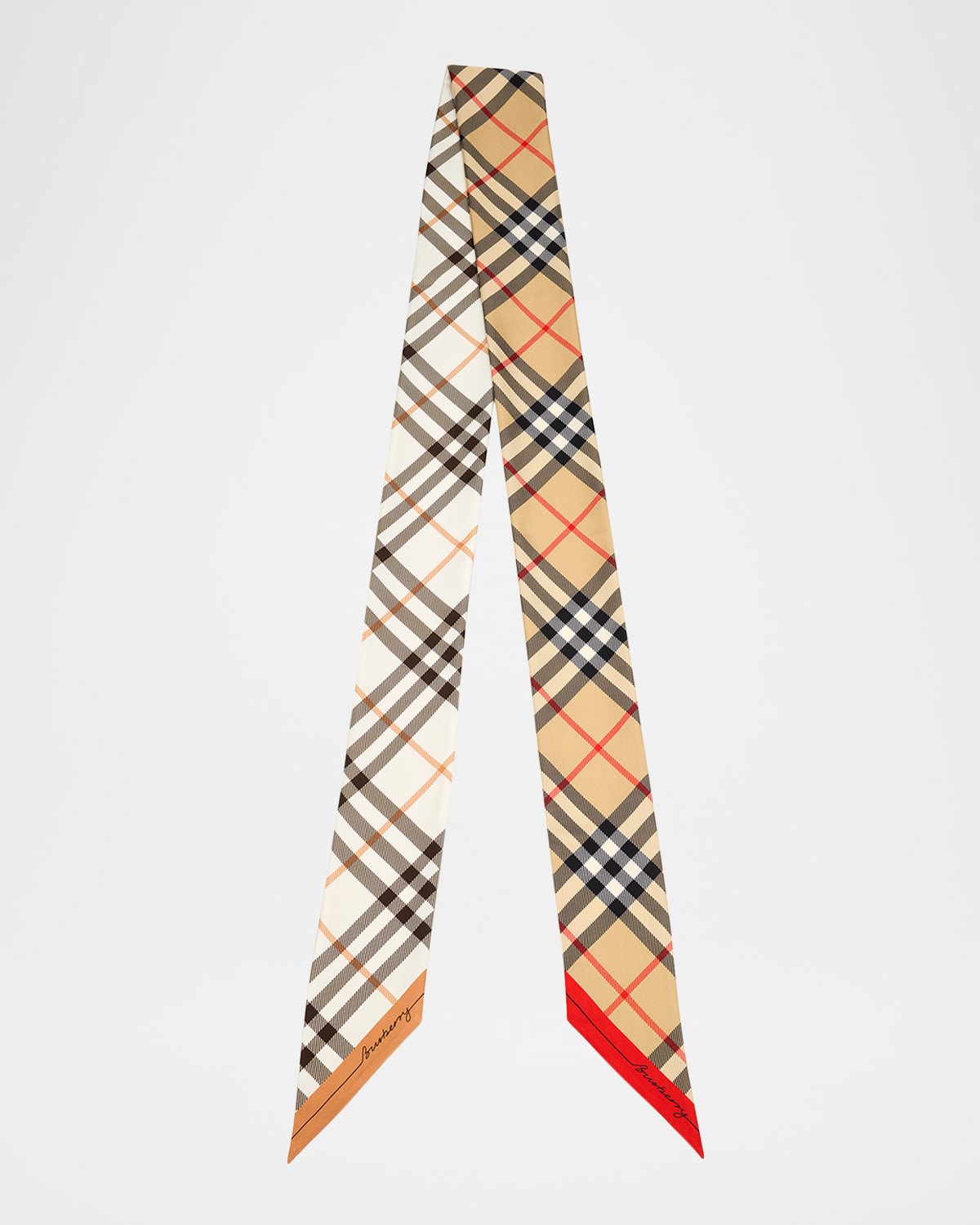 Burberry Skinny Contrast Check Silk Scarf In Sand
