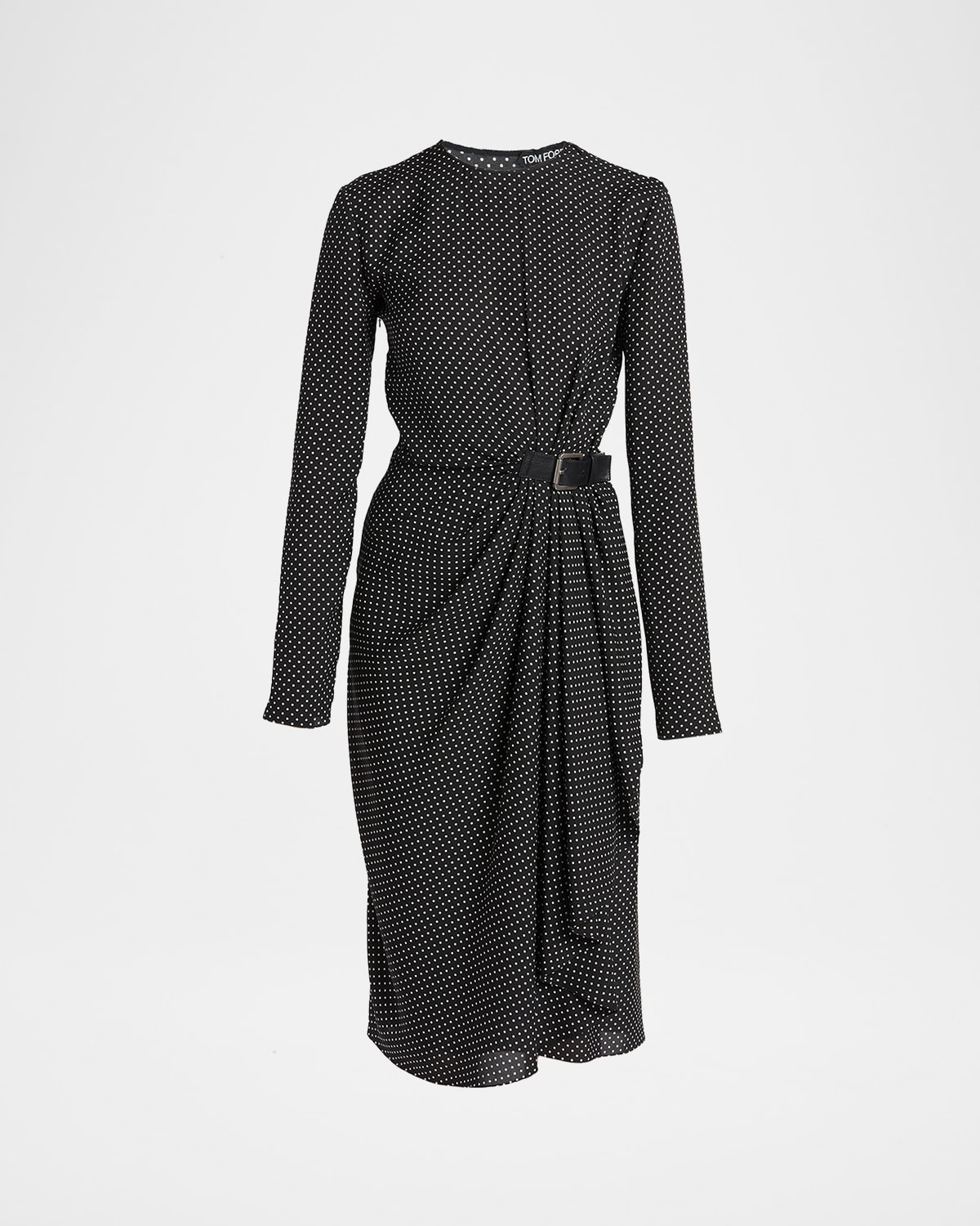 Tom Ford Polka Dot Silk Gathered Buckle Midi Dress In Black