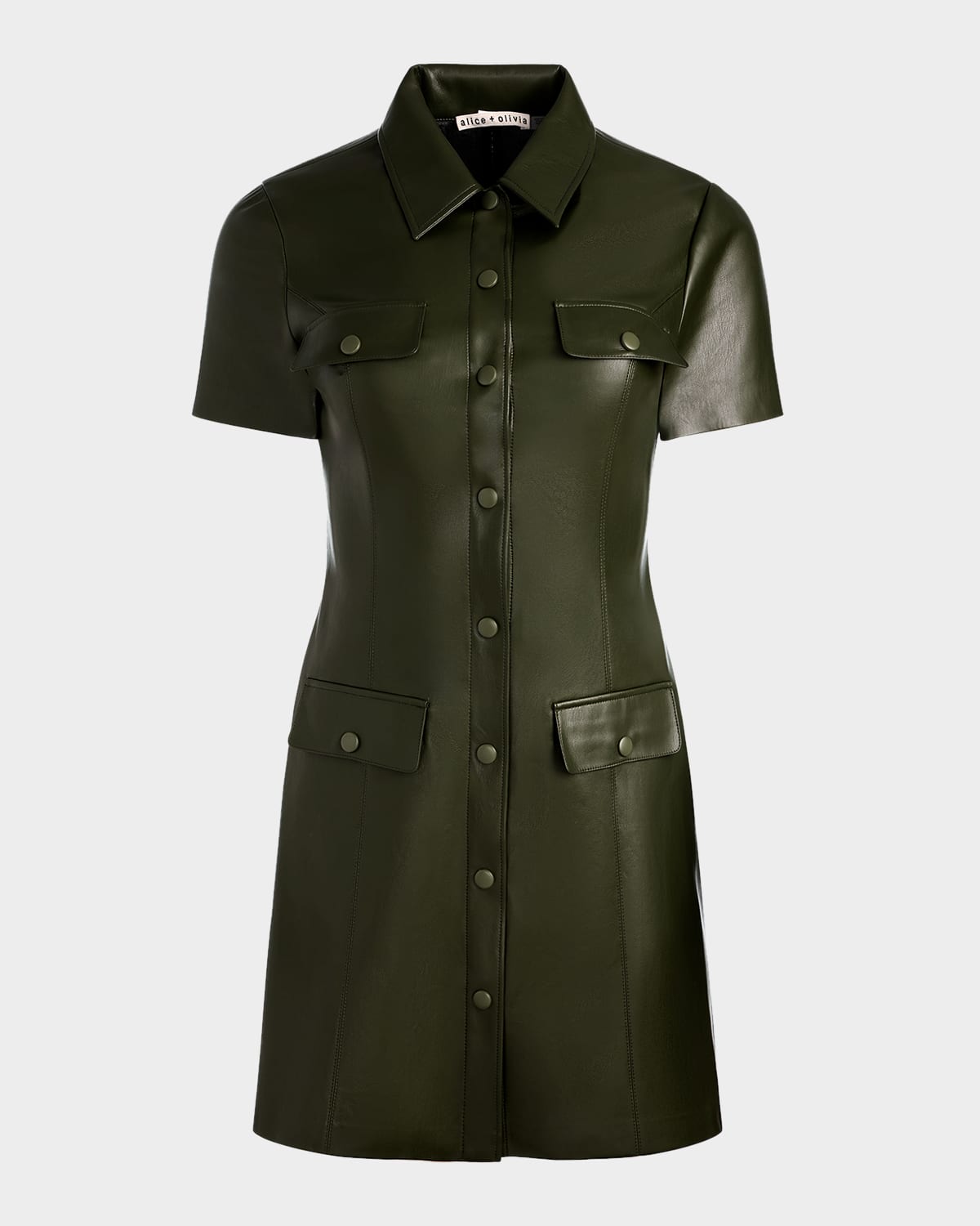 Alice And Olivia Jamie Vegan Leather Collared Shirtdress In Green