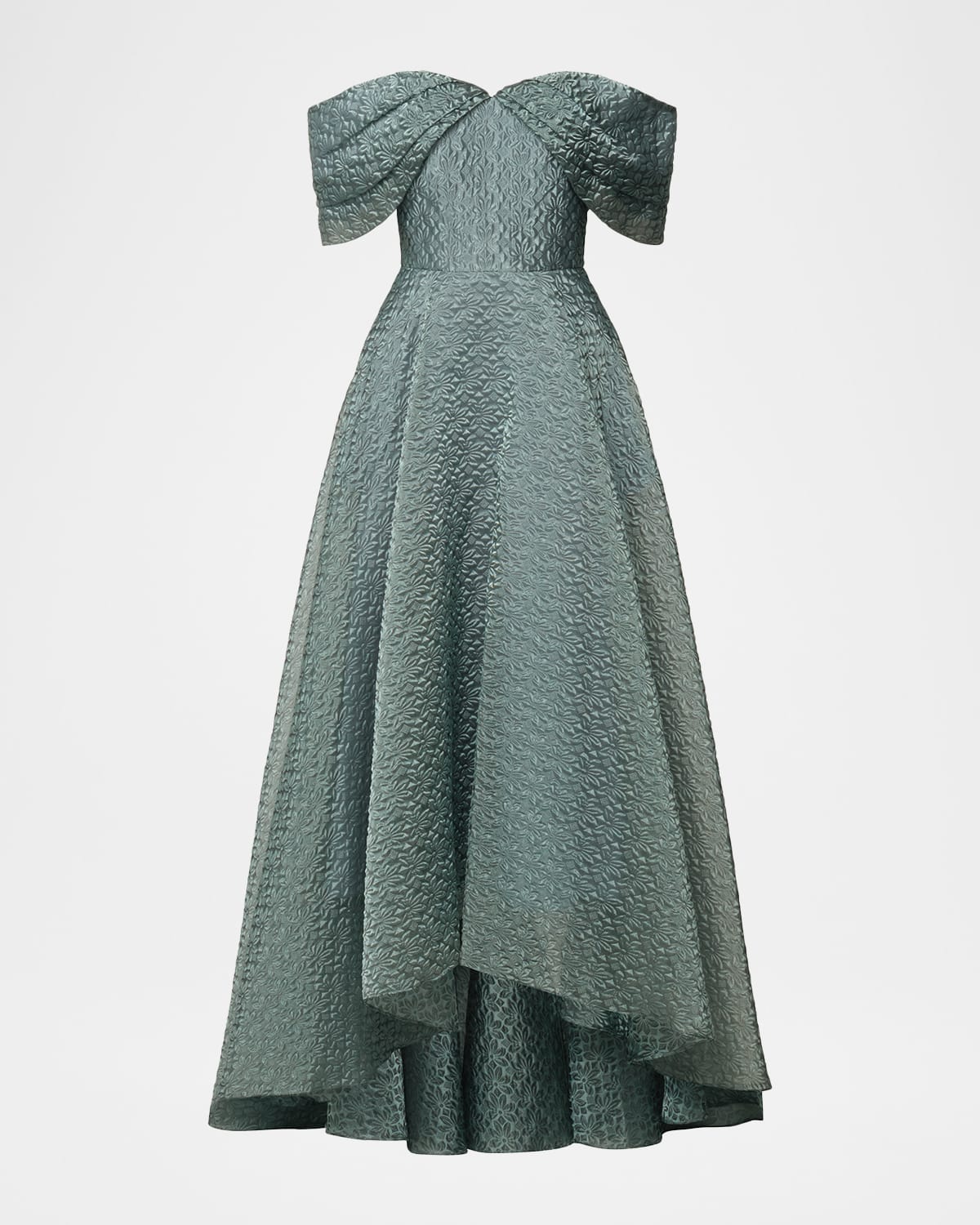 Theia Elysia Off-shoulder Floral Jacquard Gown In Green