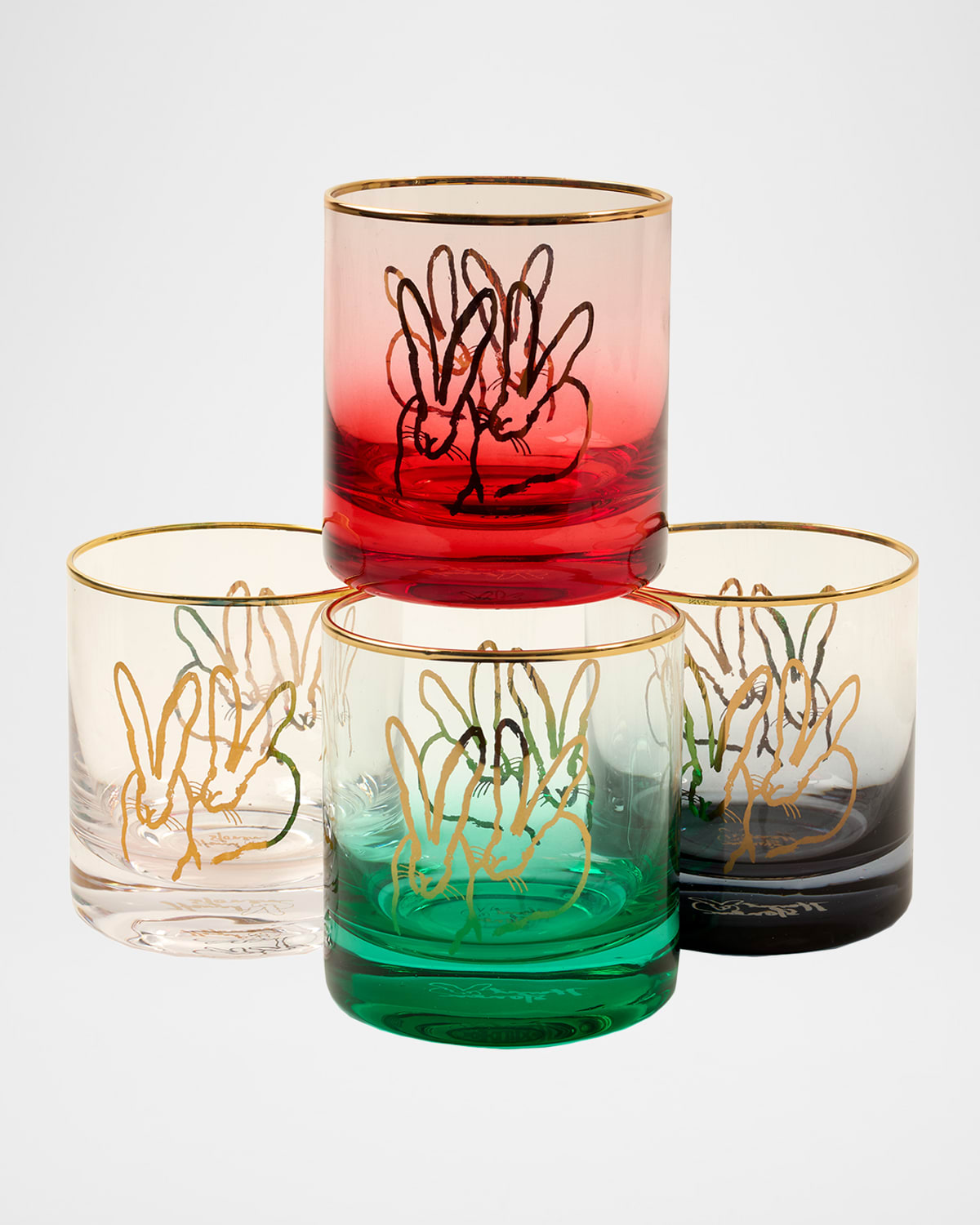 Hunt Slonem Holiday Double Bunny 10 Oz. Old-fashioned Glasses, Set Of 4 In Multi