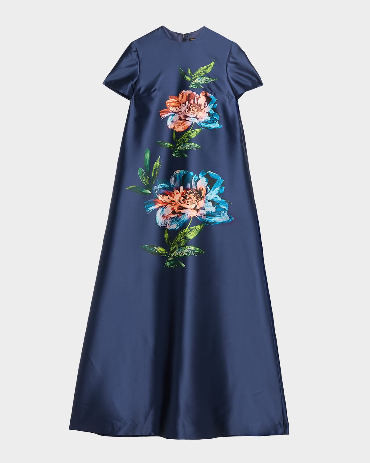 Reem Acra Floral-print Satin Faille Long Kaftan Gown In Blue
