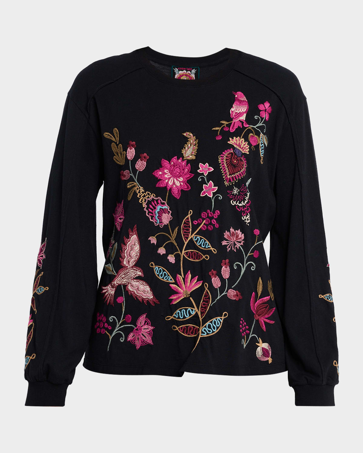 Johnny Was Floral-embroidered Cotton T-shirt In Black