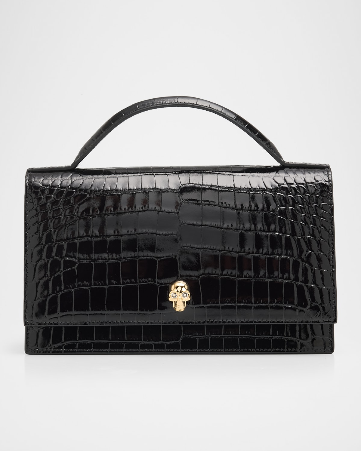 McQueen Skull Croc-Embossed Leather Shoulder Bag