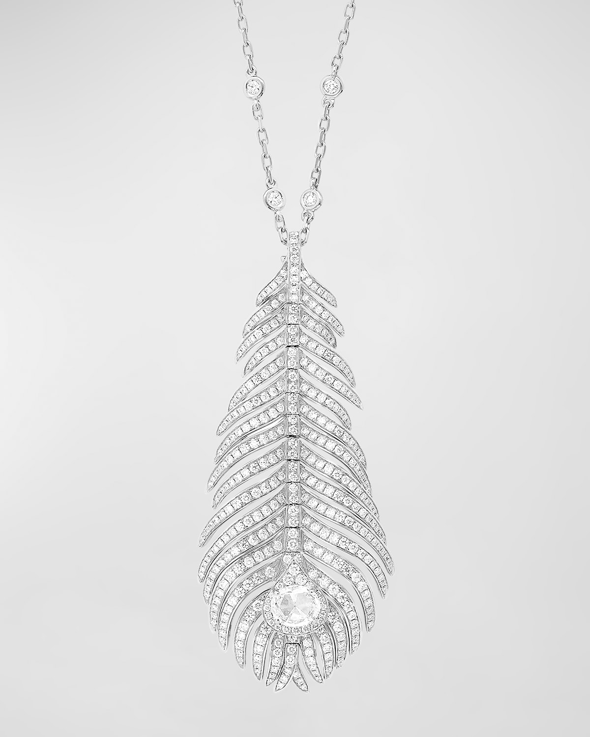 Boucheron 18k White Gold Plume De Paon Pendant Necklace With Diamond Pave On Chain