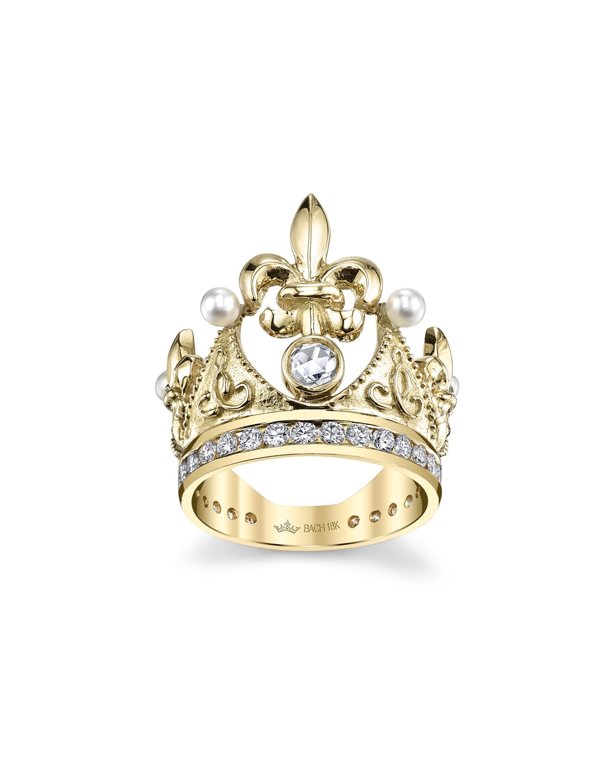 18k Fleur-de-Lis Diamond & Pearl Crown Ring, Size 5.75