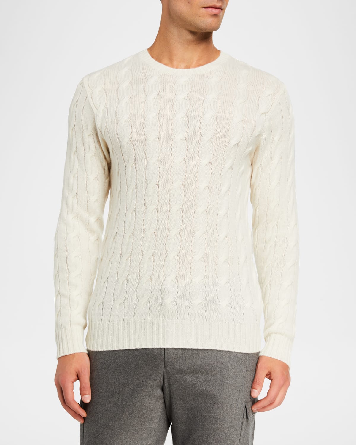 Cashmere Cable-Knit Crewneck Sweater, Cream