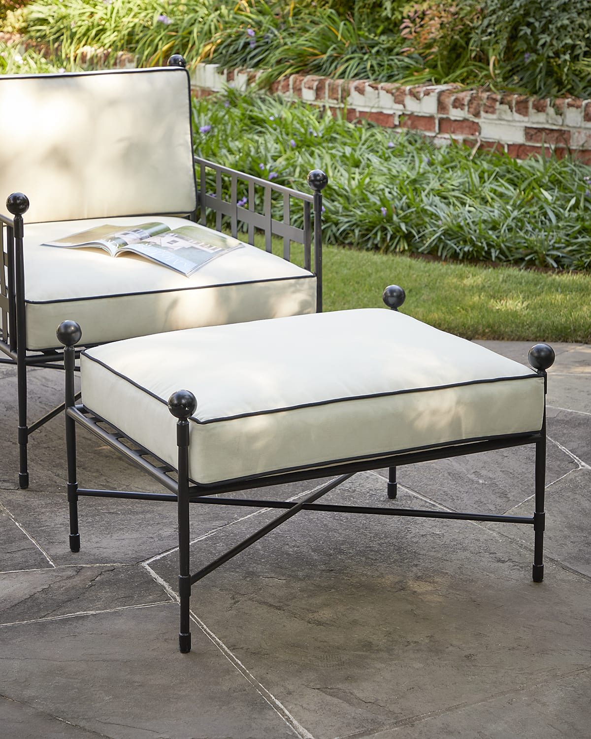 Neiman Marcus Avery Neoclassical Outdoor Ottoman In White/black