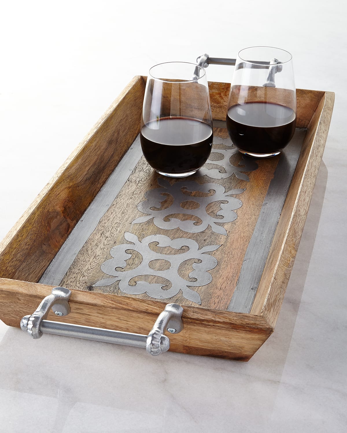 G G Collection Wood Tray With Metal Inlay