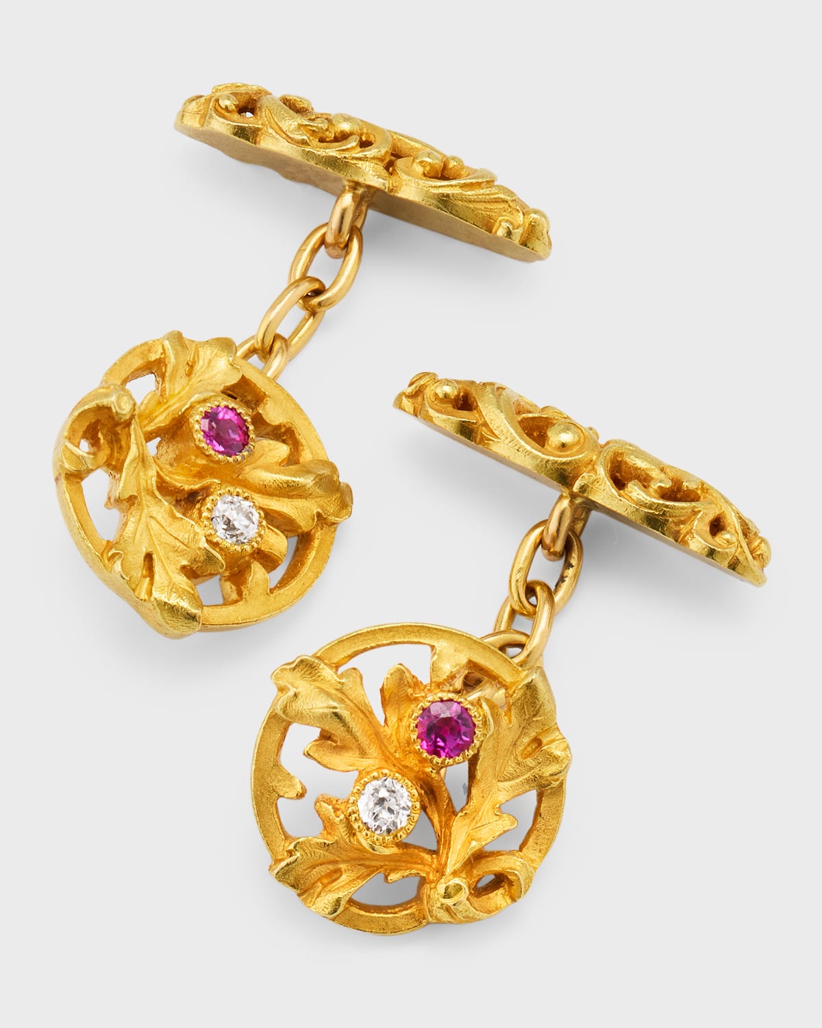 Estate Art Nouveau 18K Yellow Gold Diamond Ruby Circular Floral Leaf Cuff Links