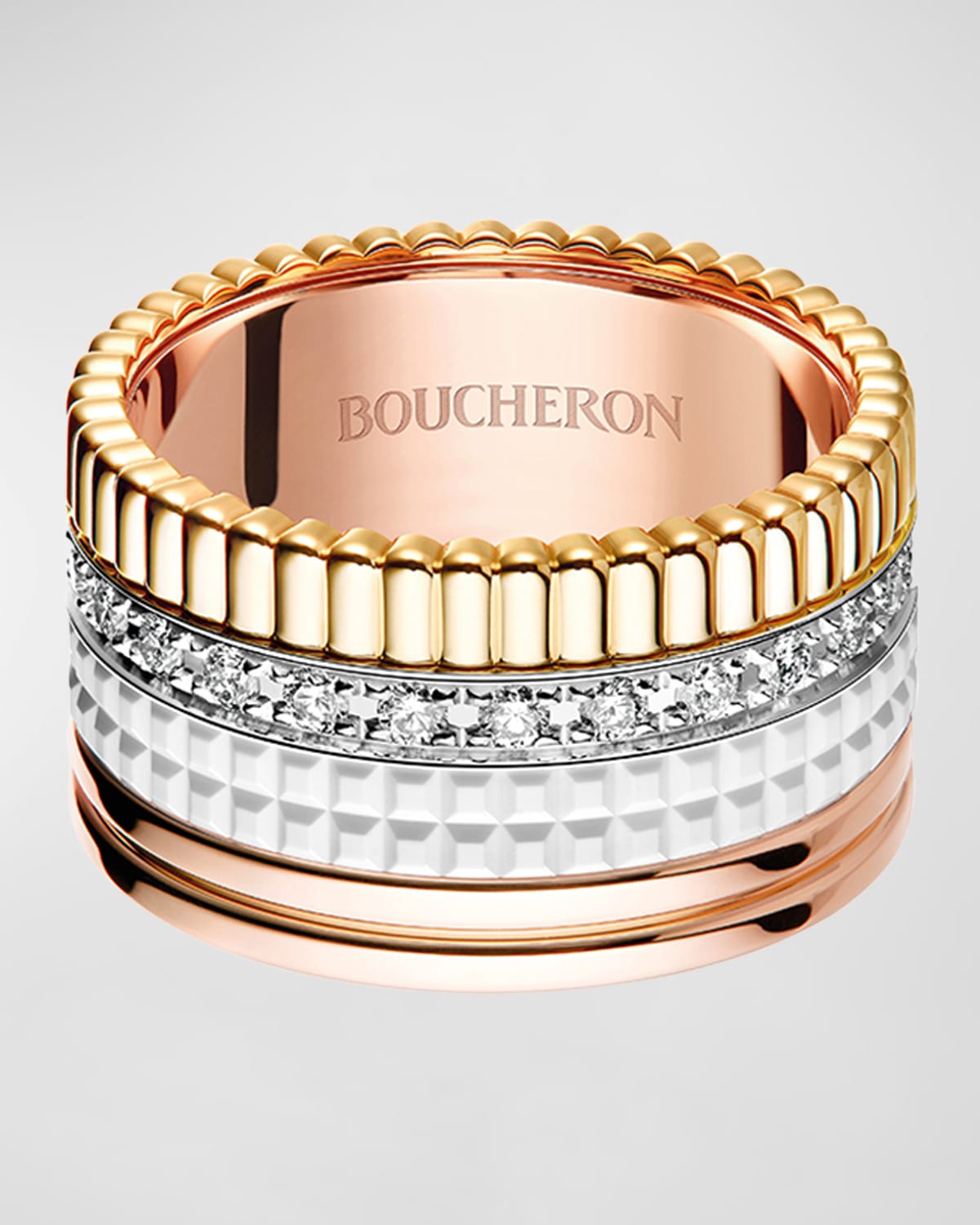 Boucheron Quatre Large 18K Gold & White Ceramic Ring with Diamonds, Size 54