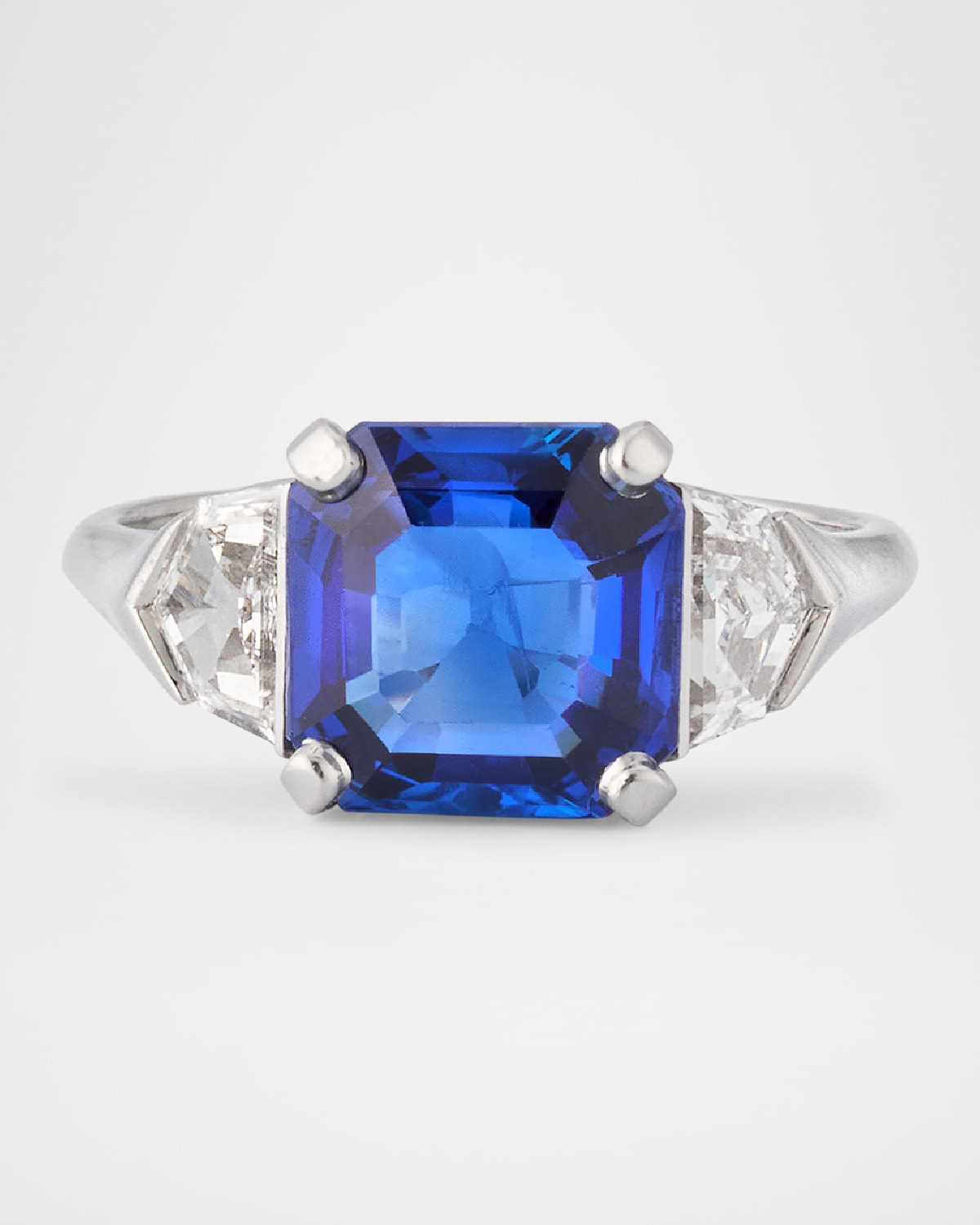 Estate Platinum Square Burma Sapphire and Diamond Deco Ring, Size 5.5