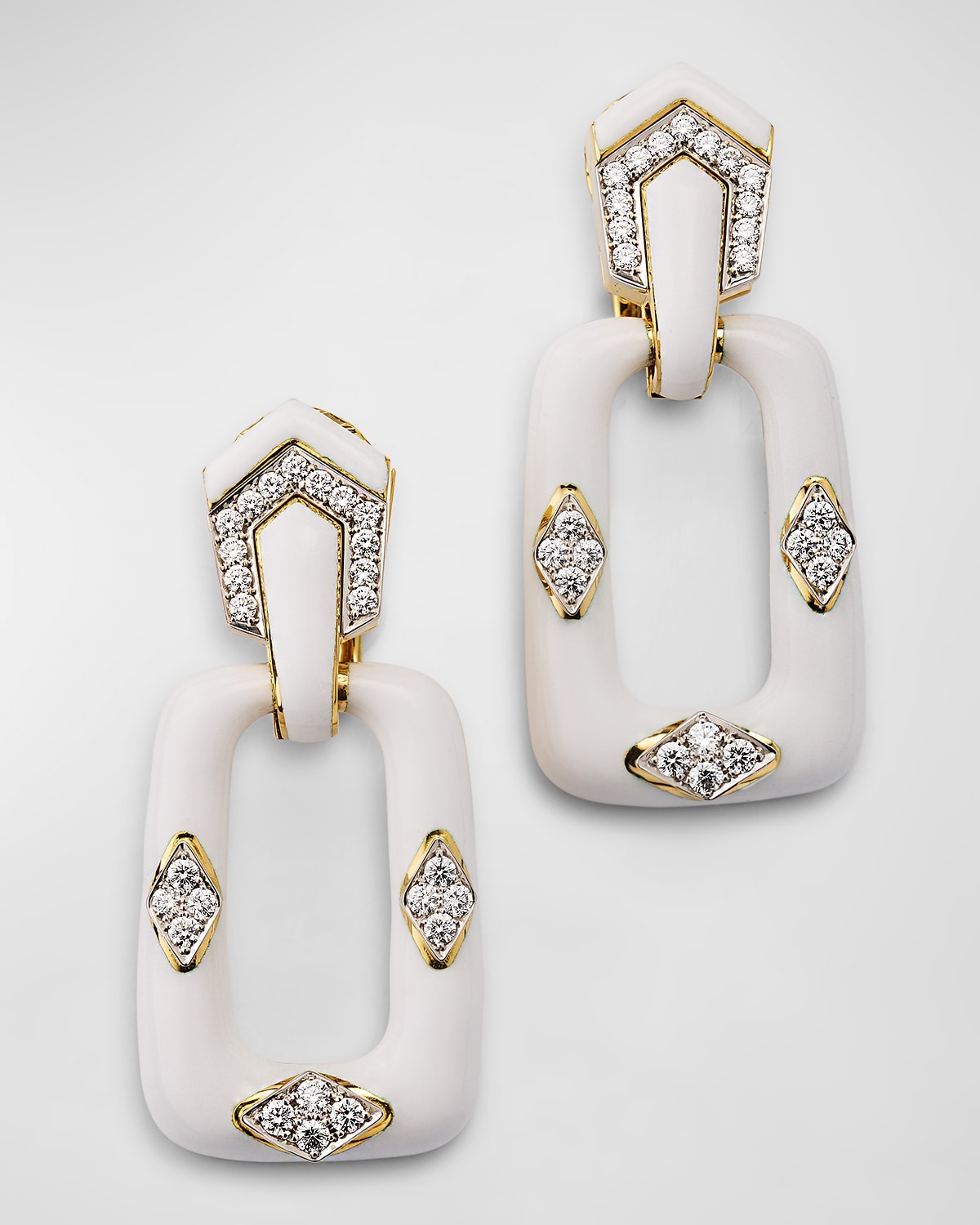 18K Gold and Platinum White Enamel Diamond Convertible Earrings