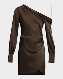 SIMKHAI Cameron One-Shoulder Wrap-Skirt Satin Mini Dress SIMKHAI Cameron One-Shoulder Wrap-Skirt Satin Mini Dress