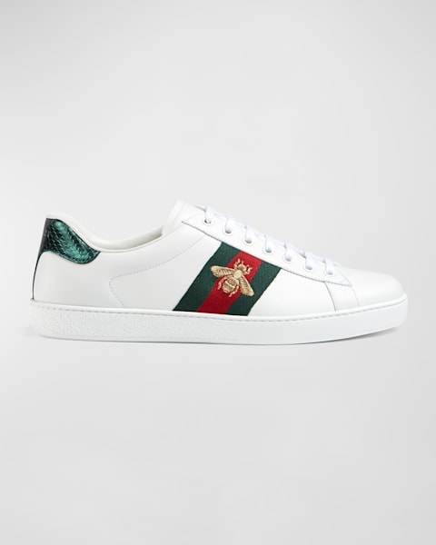 Gucci Men's Ace Leather Web Low-Top Sneakers | Neiman Marcus