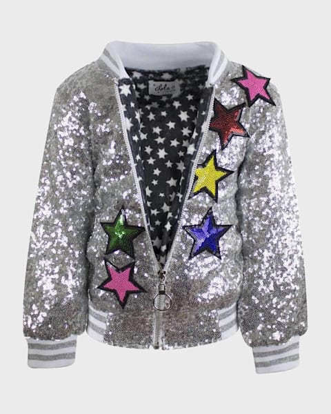 Lola + The Boys Girl's Iridescent Star Sequined Bomber