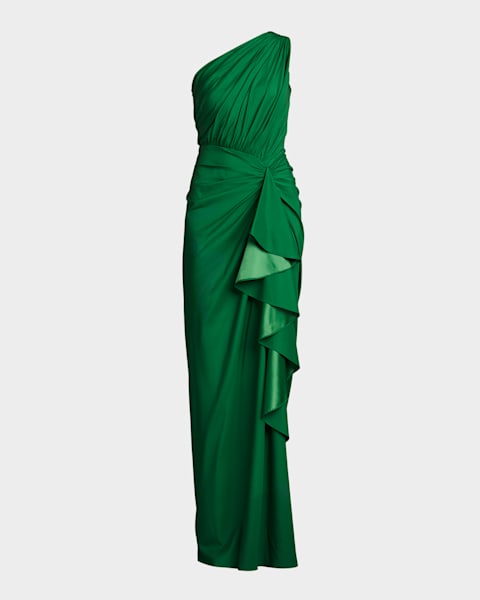 Pleated Off-Shoulder Floral Jacquard Gown