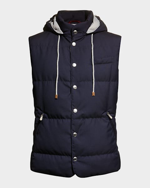 ダウンベスト Brunello Cucinelli Gilet Imbottito Con Cappuccio Brunello Cucinelli - Navy Blue Wool Quilted Down Hooded Vest