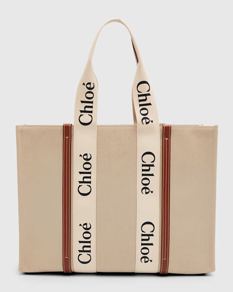 トートバッグ CHLOE Multicolor Linen Medium Woody Shopping Bag Chloe Woody Medium Tote Bag in Linen | Neiman Marcus