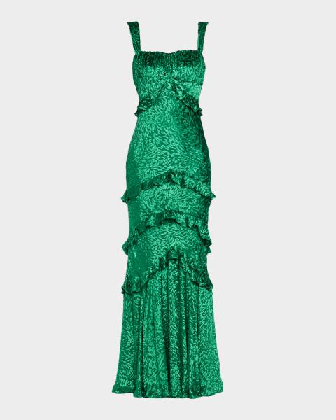 marchesa notte green lace cocktail dress Tiered Ruffle-Trim Column Gown Sequin dress