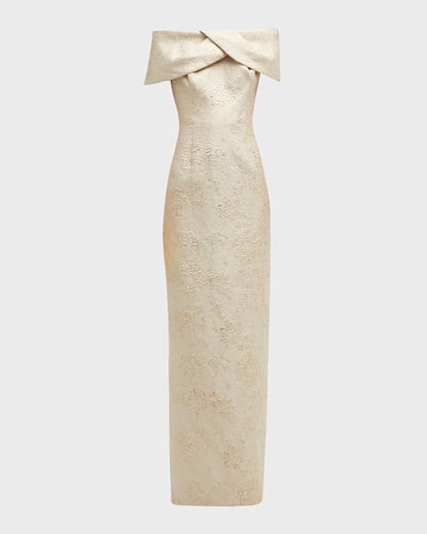 Rickie Freeman for Teri Jon Off-Shoulder Metallic Jacquard Gown