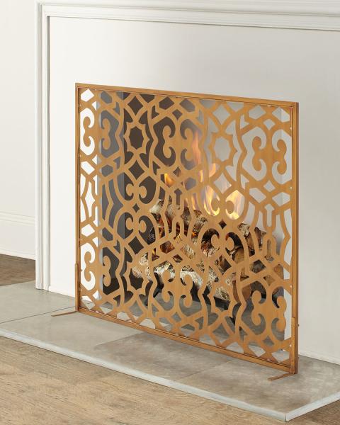 Dark Gold and Brown Iron and Tole Swirl Single Panel Fire Screen