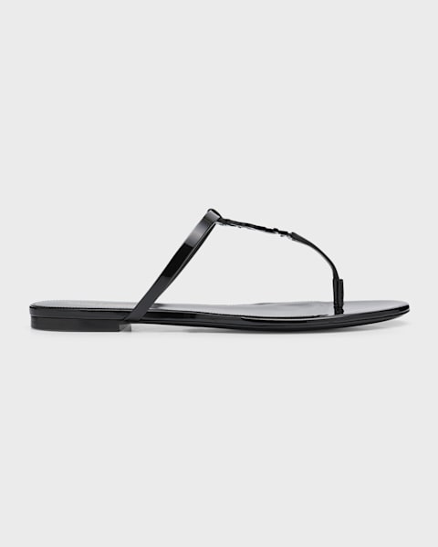 【関税&送料込】Saint Laurent Black Leather Cassandre Thong Cassandre leather thong sandals in black - Saint Laurent