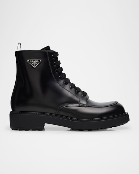 Prada Men's Nylon & Leather Triangle Logo Combat Boots