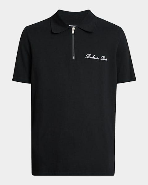 Balmain Men's Monogram Couture-Label Quarter-Zip Polo Shirt