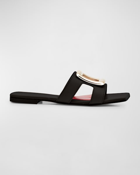 Roger Vivier Leather Buckle Flat Slide Sandals | Neiman Marcus