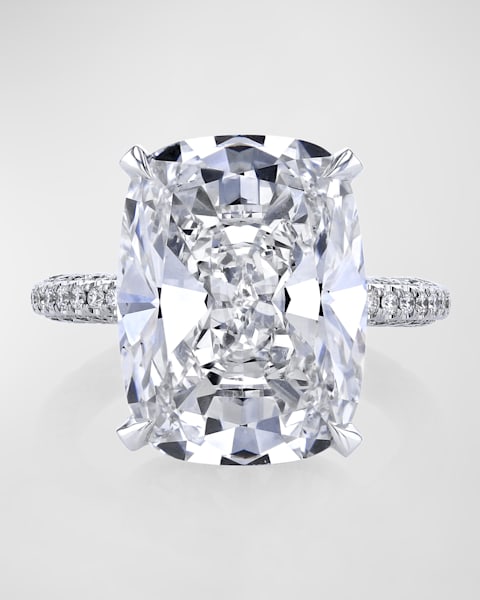 Platinum 3 Stone Ring with Diamond Cushion, Diamond Trapezoid Sides and 3 Row Micro Pave Shank, Size 6.5, 11.64tcw